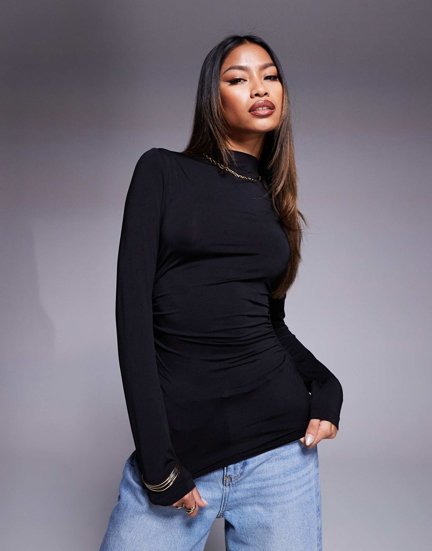 Ruched Side High Neck Polyamide Top