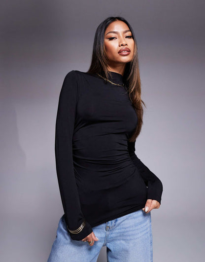 Ruched Side High Neck Polyamide Top