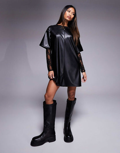 Pu T Shirt Mini Dress With Lace Sleeves