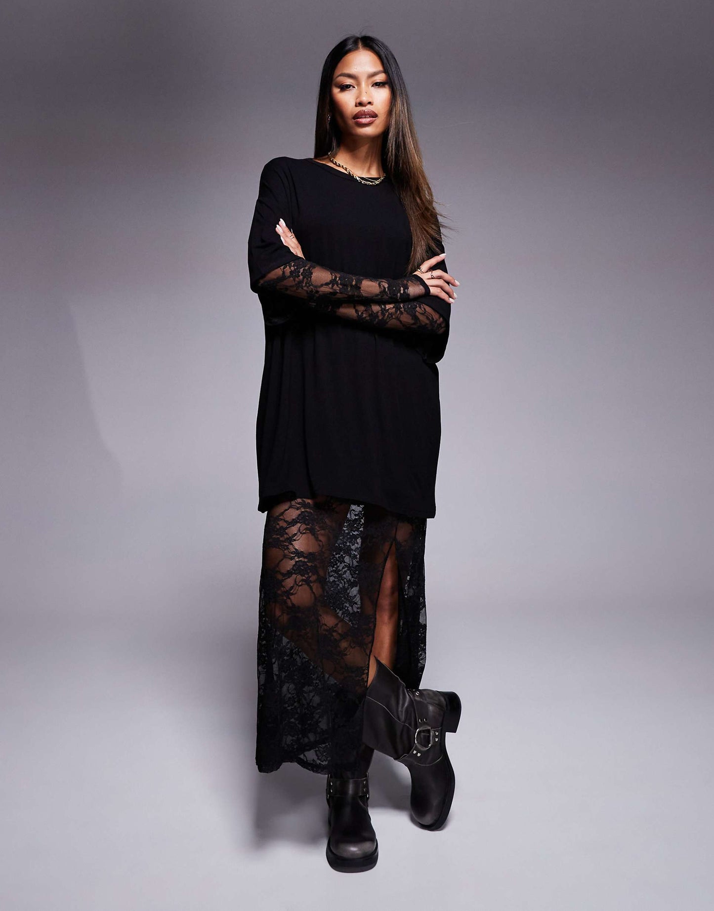 T-Shirt Midi Dress With Lace Skirt