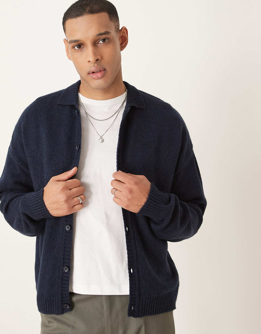 Relaxed Boxy Fit Knitted Collar Cardigan