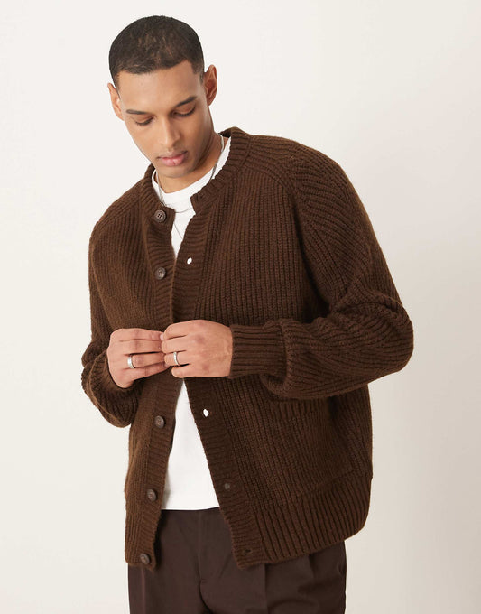 Oversized Boxy Fit Knitted Ribbed Crew Neck Cardigan