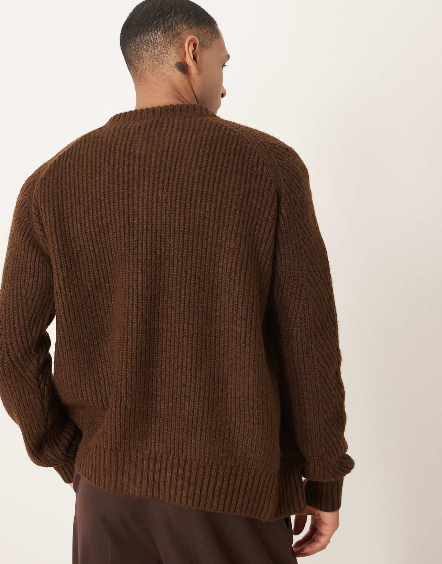 Oversized Boxy Fit Knitted Ribbed Crew Neck Cardigan