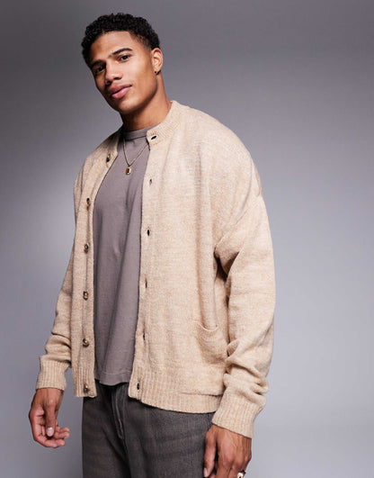 Oversized Boxy Fit Knitted Crew Neck Cardigan With Pockets