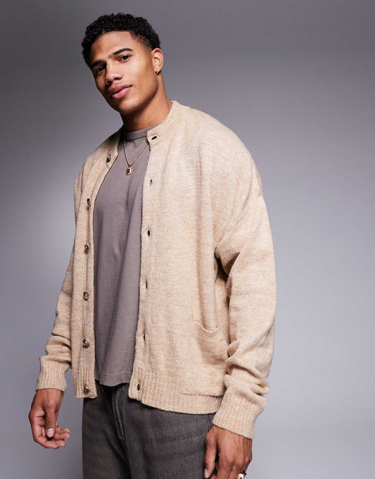 Oversized Boxy Fit Knitted Crew Neck Cardigan With Pockets