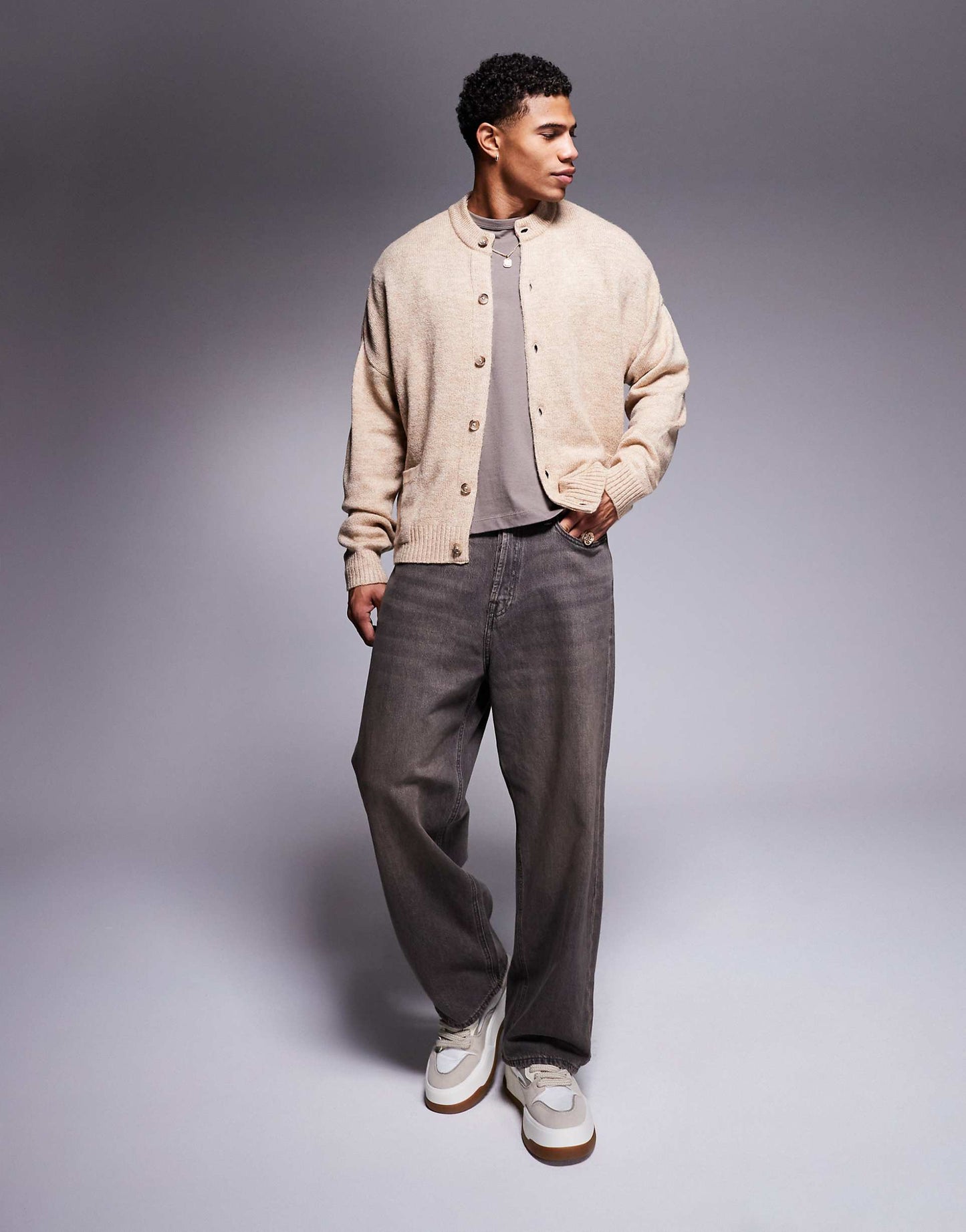 Oversized Boxy Fit Knitted Crew Neck Cardigan With Pockets