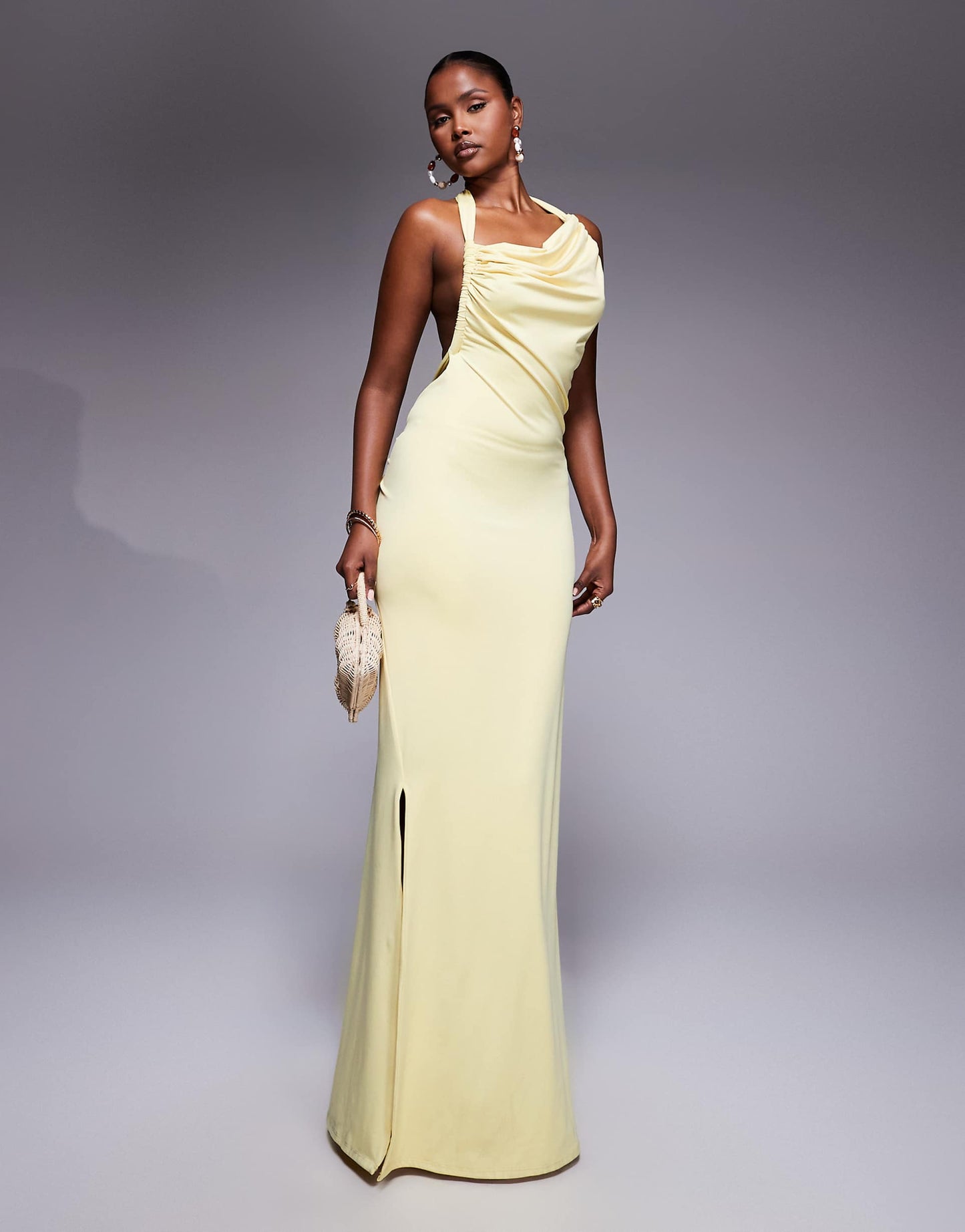 Double Layered Slinky Asymmetric Halterneck Low Twist Back Dress Maxi Dress