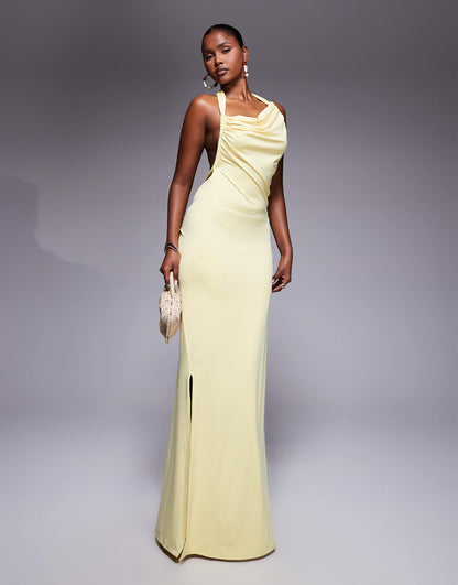 Double Layered Slinky Asymmetric Halterneck Low Twist Back Dress Maxi Dress