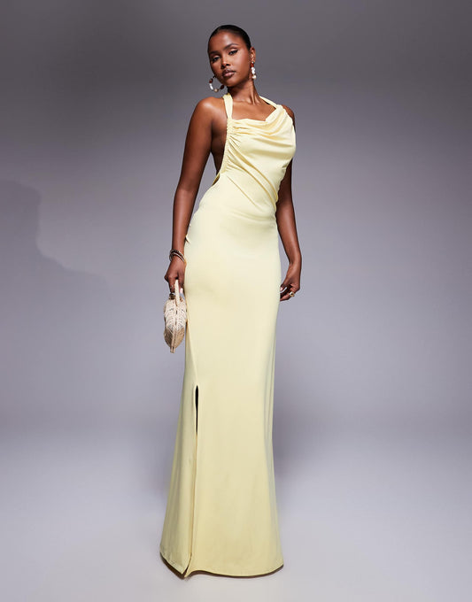 Double Layered Slinky Asymmetric Halterneck Low Twist Back Dress Maxi Dress