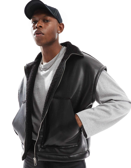 Oversized Boxy Faux Leather Borg Lined Gilet