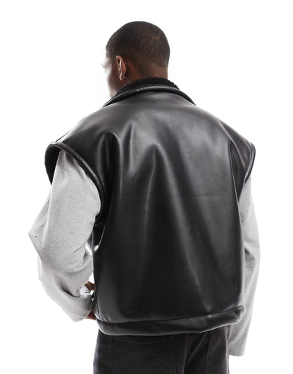 Oversized Boxy Faux Leather Borg Lined Gilet