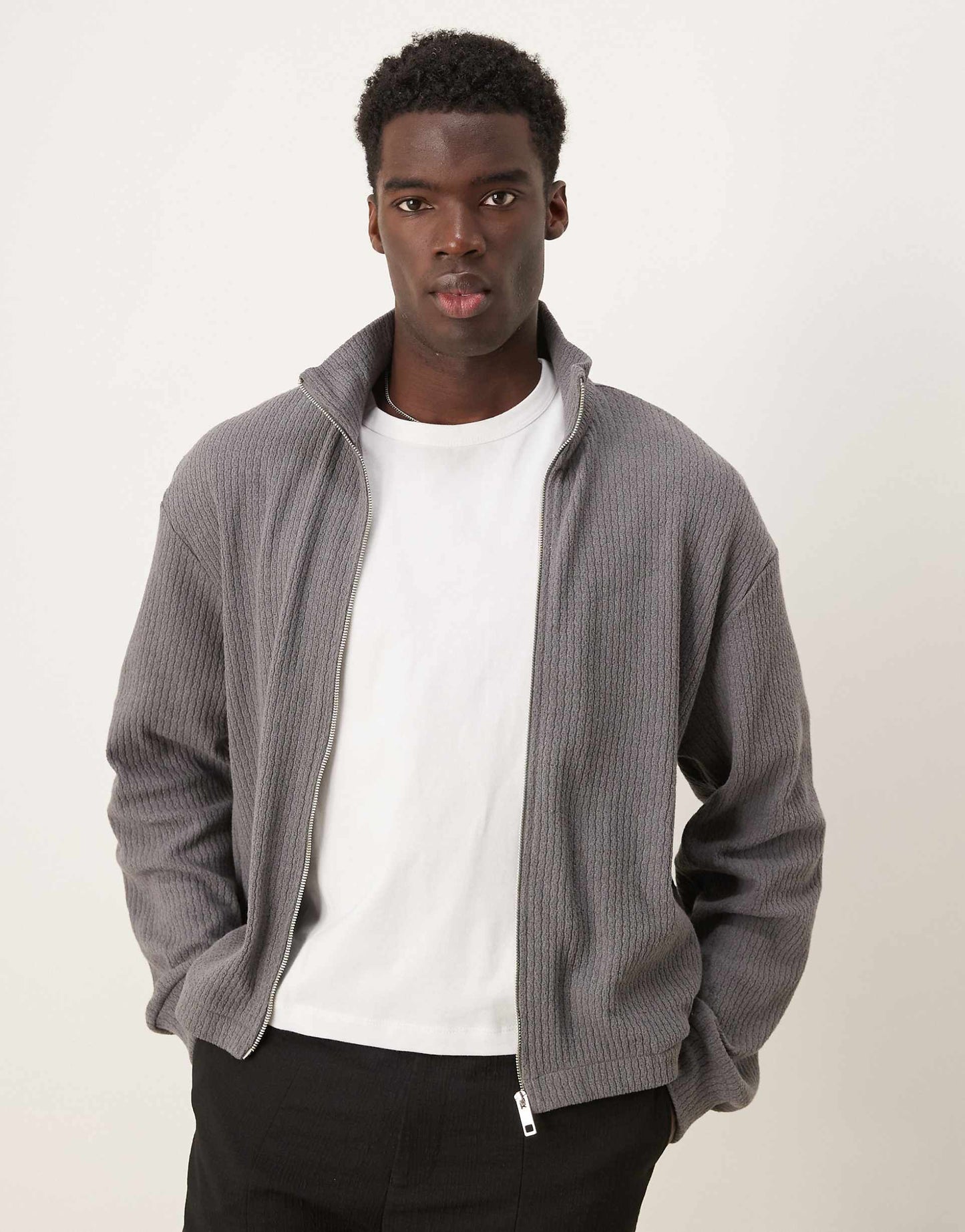 Oversized Boxy Zip Through Track Jacket With Brushed Rib And Pockets