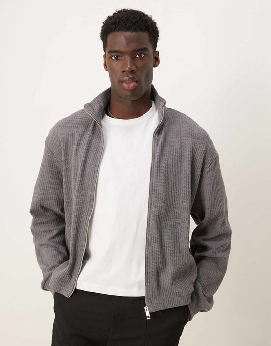 Oversized Boxy Zip Through Track Jacket With Brushed Rib And Pockets