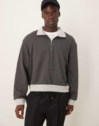 Oversized Boxy Funnel Neck Half Zip Sweatshirt With Contrast Hems