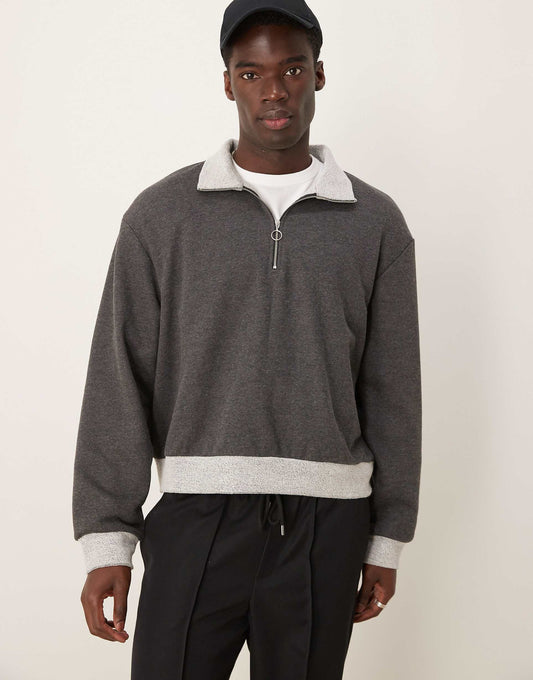 Oversized Boxy Funnel Neck Half Zip Sweatshirt With Contrast Hems