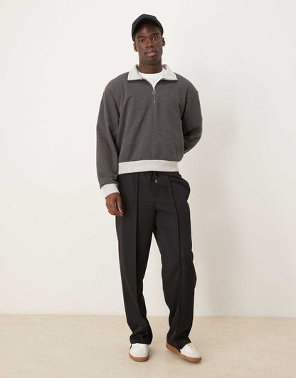 Oversized Boxy Funnel Neck Half Zip Sweatshirt With Contrast Hems