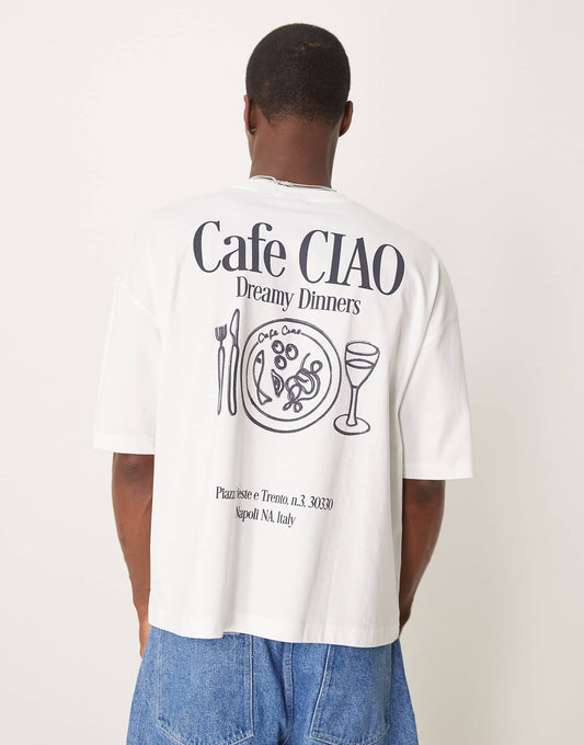 Boxy Oversized T-Shirt With Cartoon Cafe Graphic