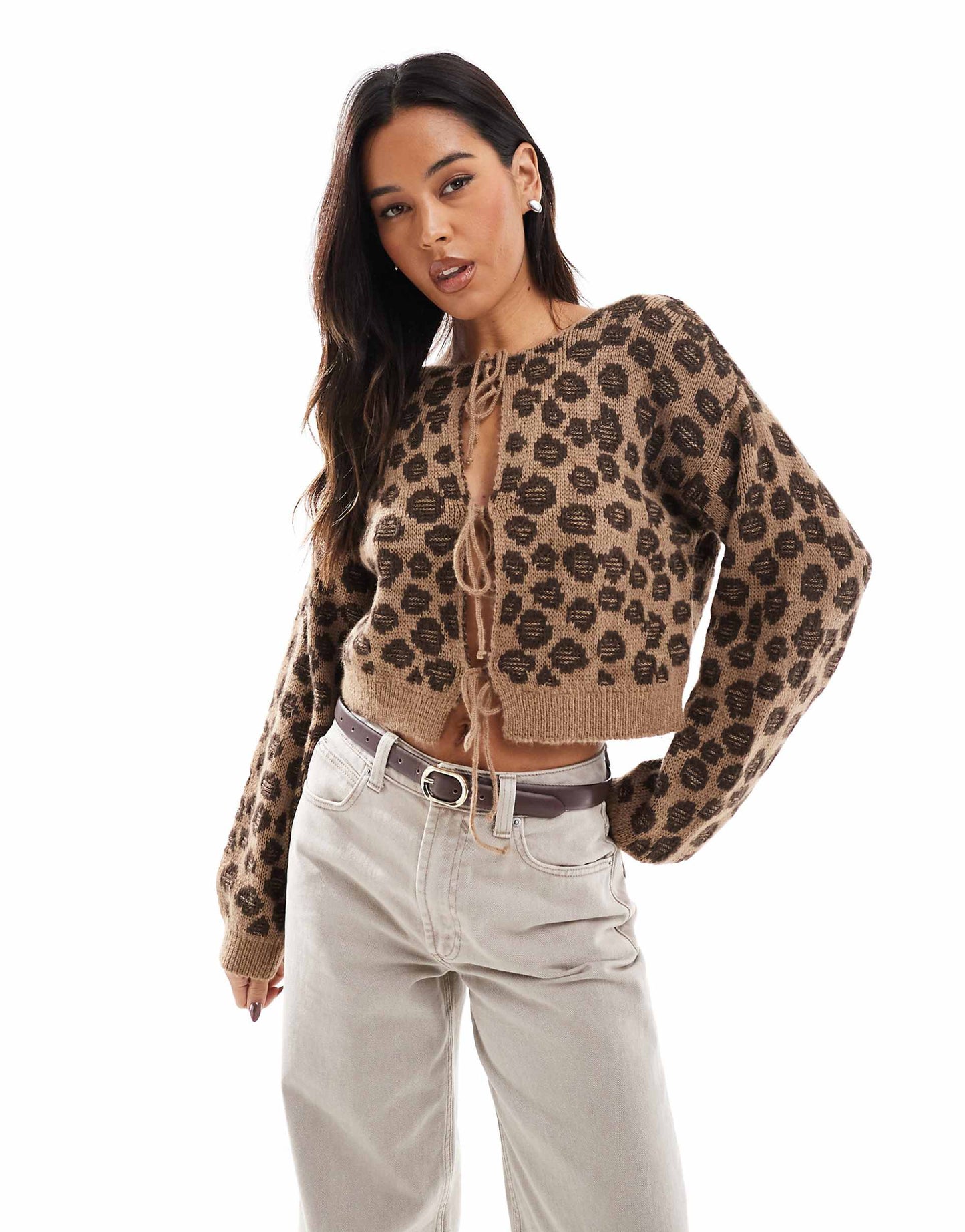 Knitted Tie Front Leopard Print Cardigan With Bow Detail