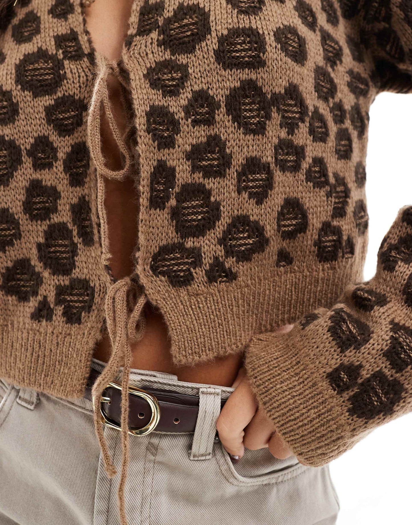 Knitted Tie Front Leopard Print Cardigan With Bow Detail