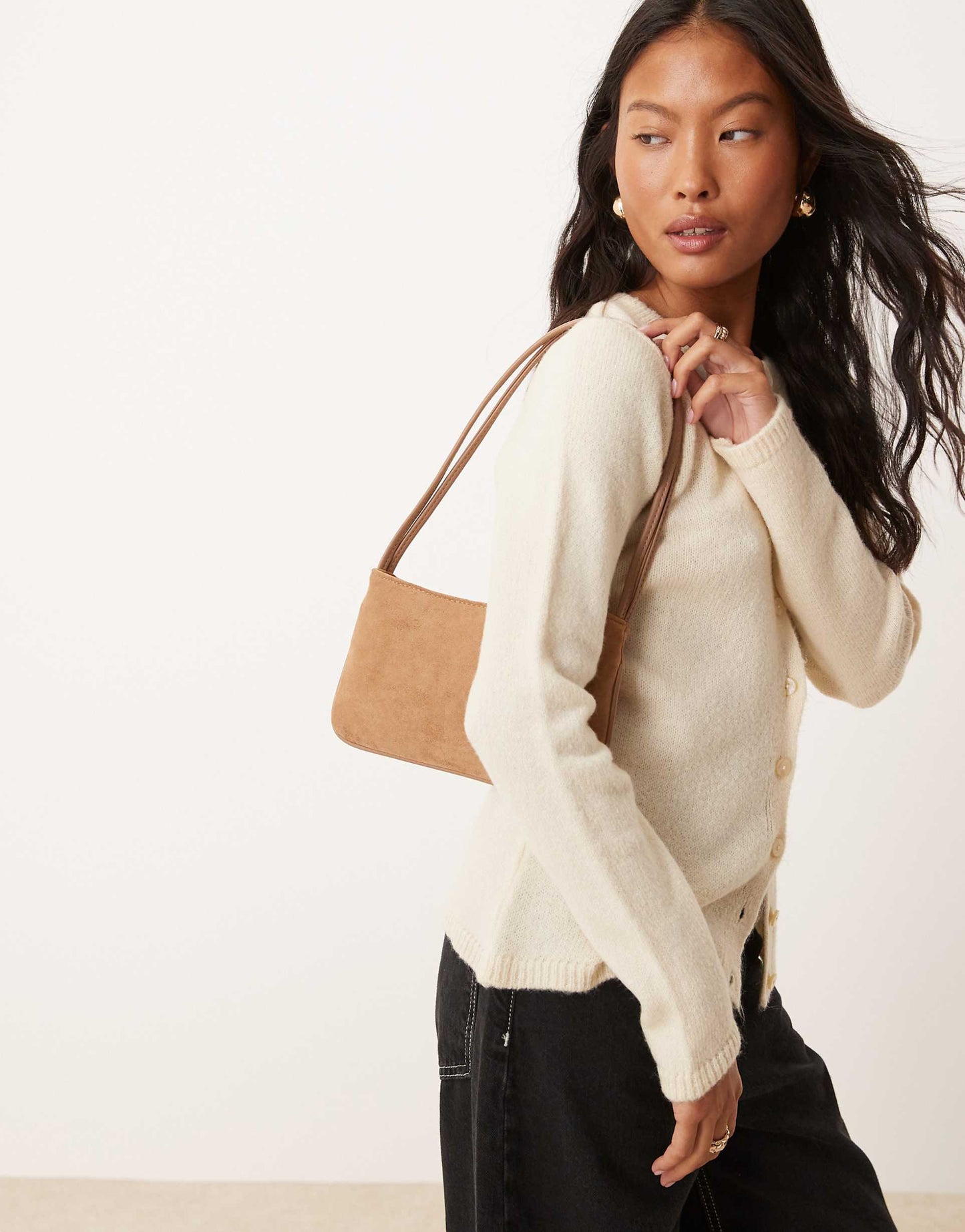 Faux Suede Shoulder Bag With Skinny Straps - Stone