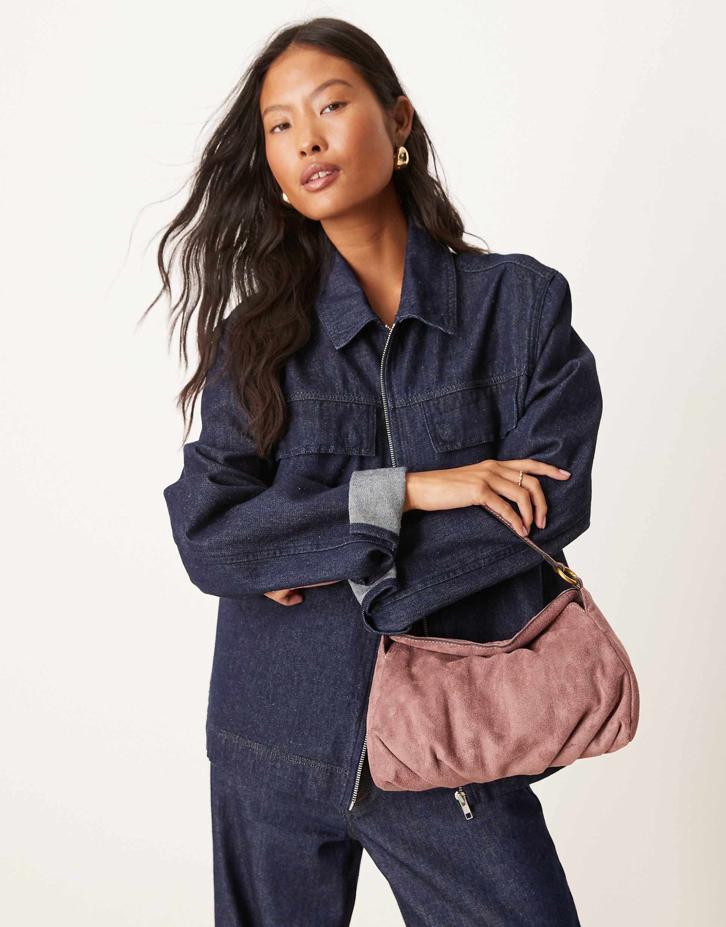 Faux Suede Shoulder Bag With Fold Over Flap Detail