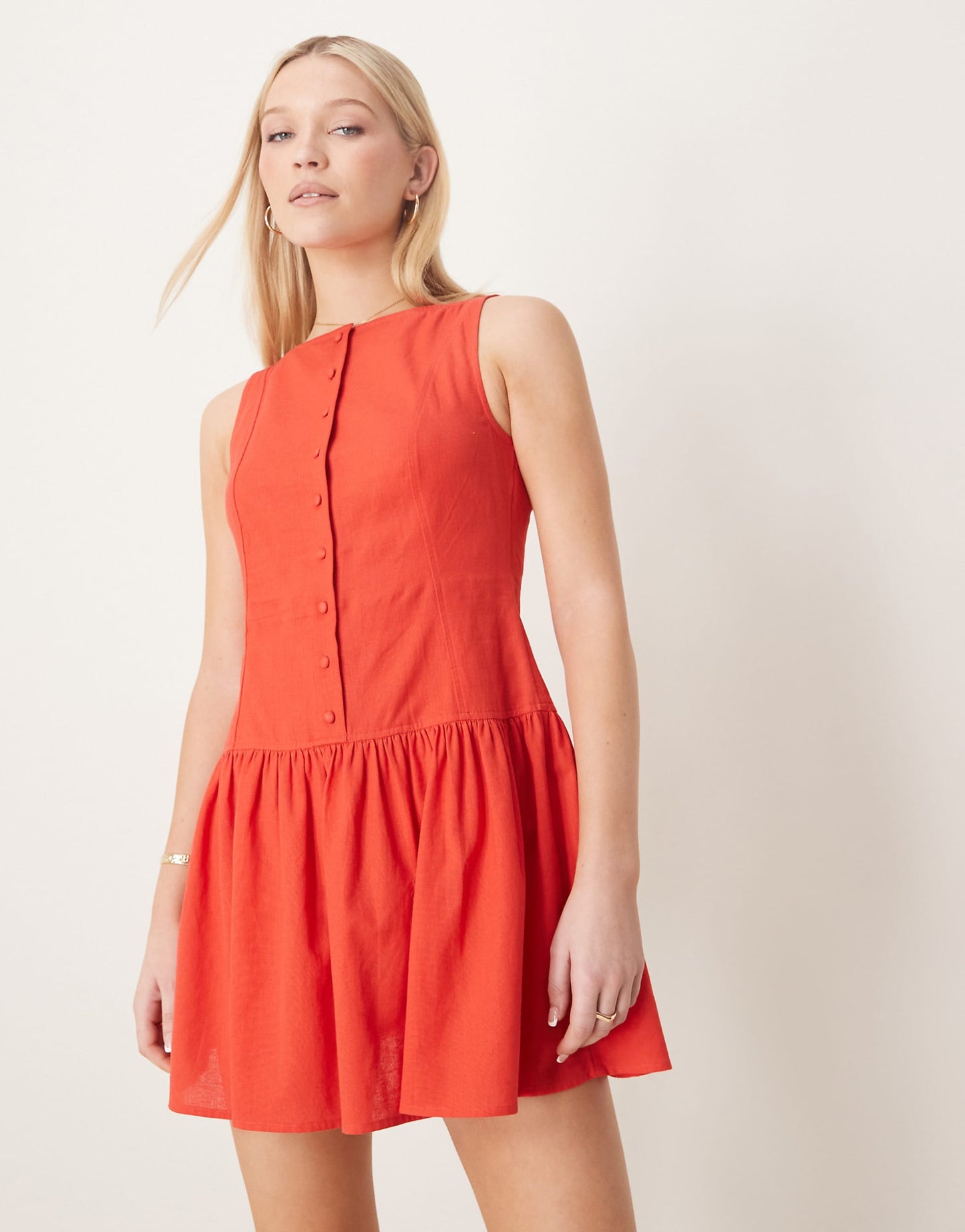 Slash Neck Button Down Dropped Waist Mini Dress