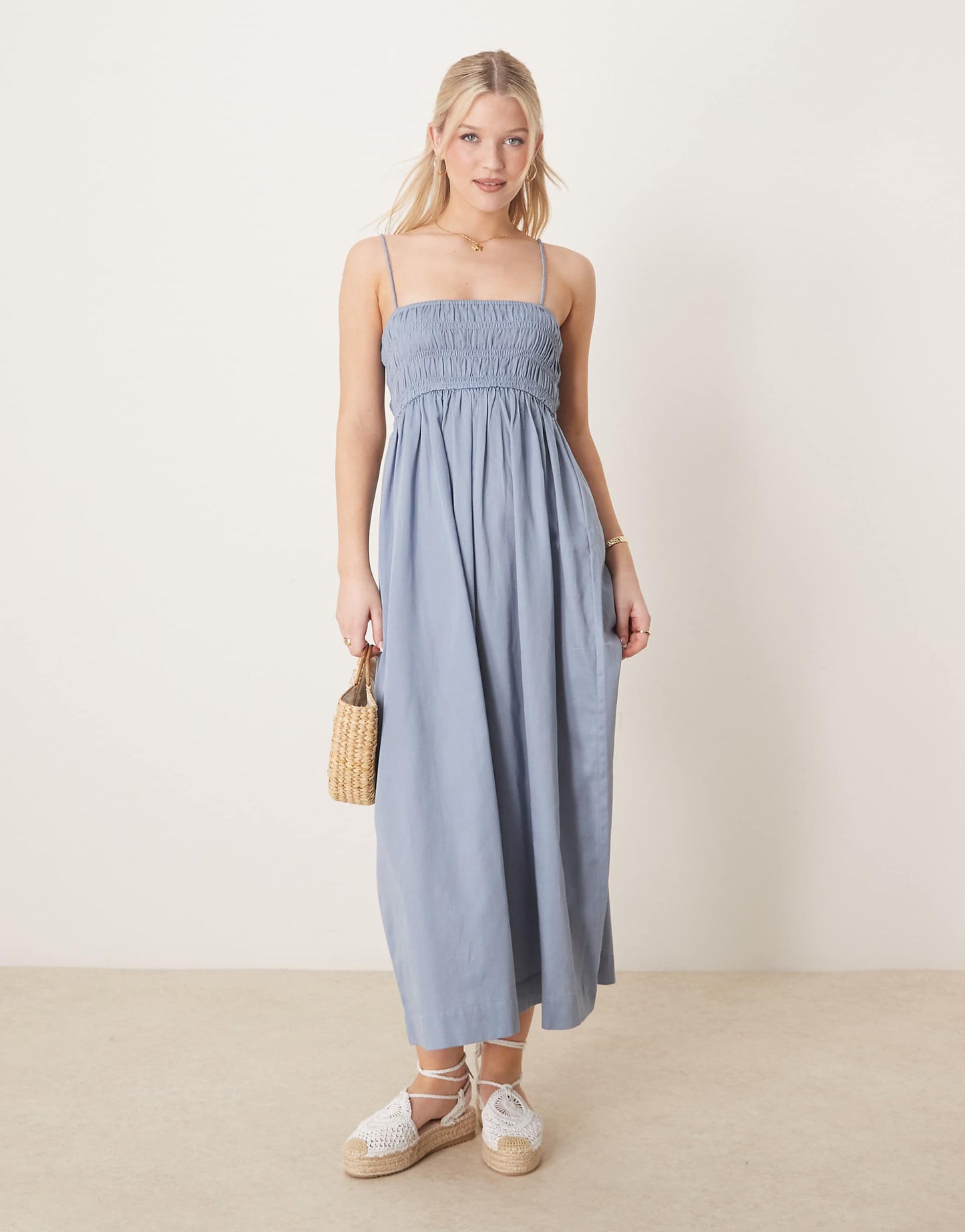 Shirred Bust Cotton Sateen Maxi Dress