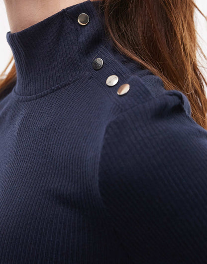 Button Detail Neck Long Sleeve Top