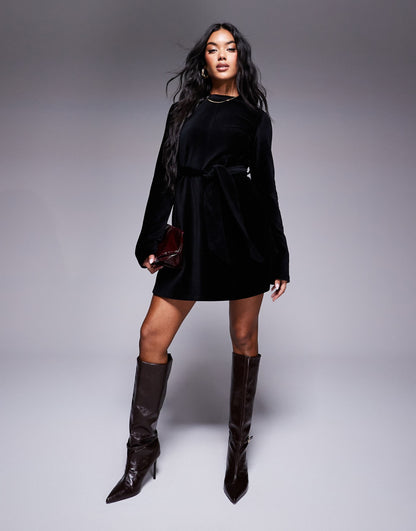 Velvet Cord Mini Tie Dress With Flute Sleeve