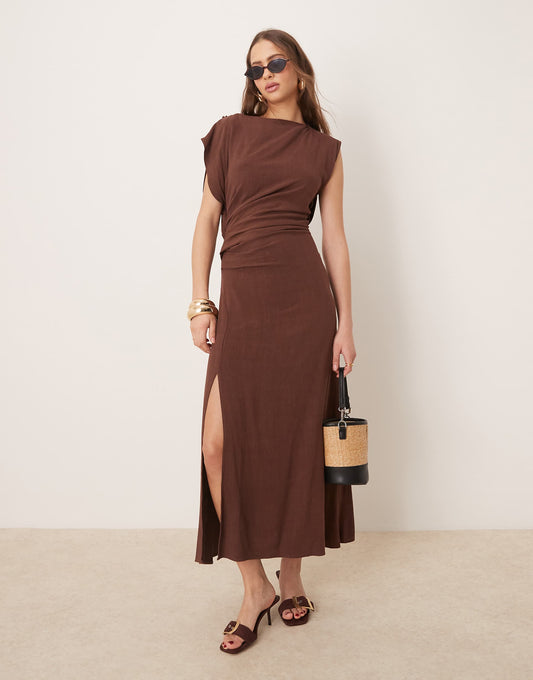 Linen Open Back Draped Waist Midi Dress