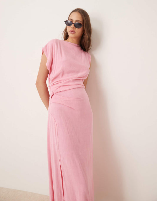 Linen Open Back Draped Waist Midaxi Dress