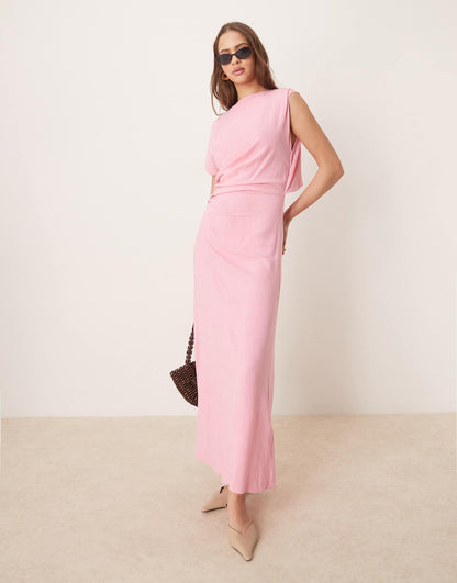 Linen Open Back Draped Waist Midaxi Dress