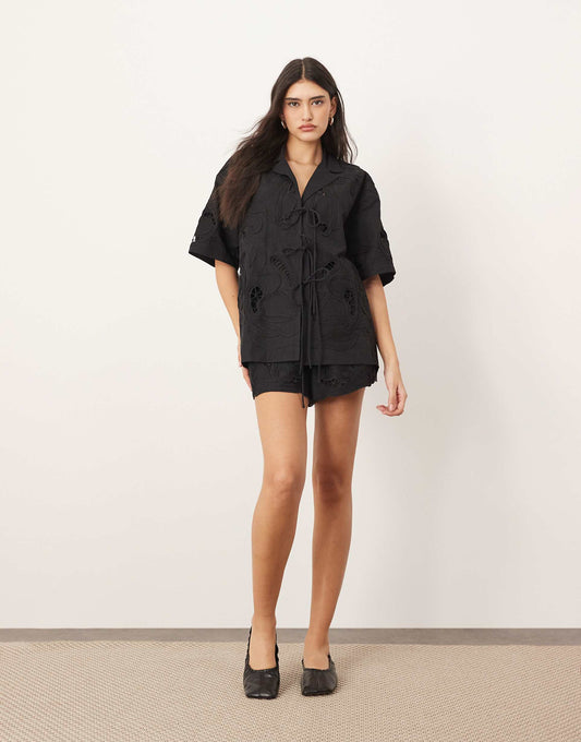 Cotton Cutwork Embroidered Short Sleeve Tie Front Shirt And Shorts Co-Ord