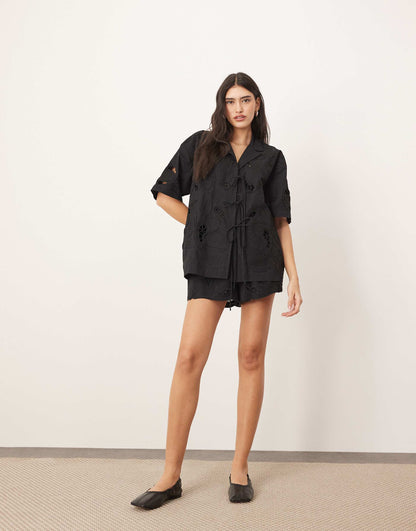 Cotton Cutwork Embroidered Short Sleeve Tie Front Shirt And Shorts Co-Ord