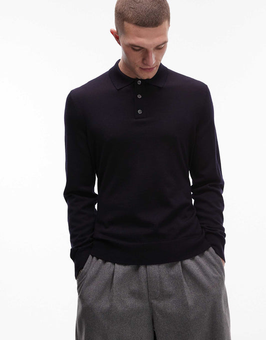 Merino Wool Heavyweight Long Sleeve Polo Shirt