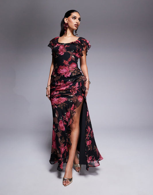 Ruffle Flutter Sleeve Maxi Dress With Side Split