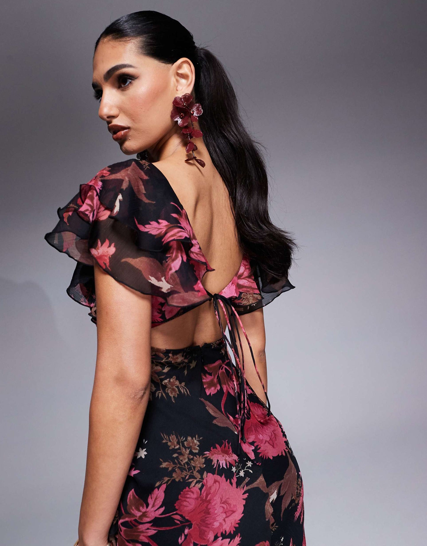 Ruffle Flutter Sleeve Maxi Dress With Side Split