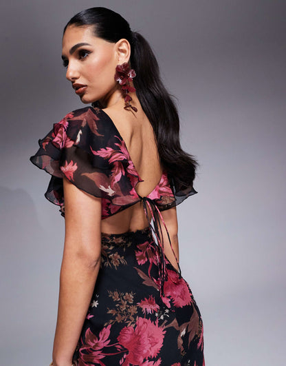 Ruffle Flutter Sleeve Maxi Dress With Side Split