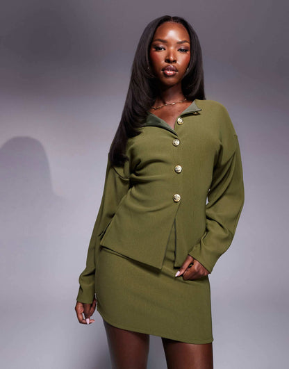 Ribbed Balloon Sleeve Structured Top With Gold Buttons