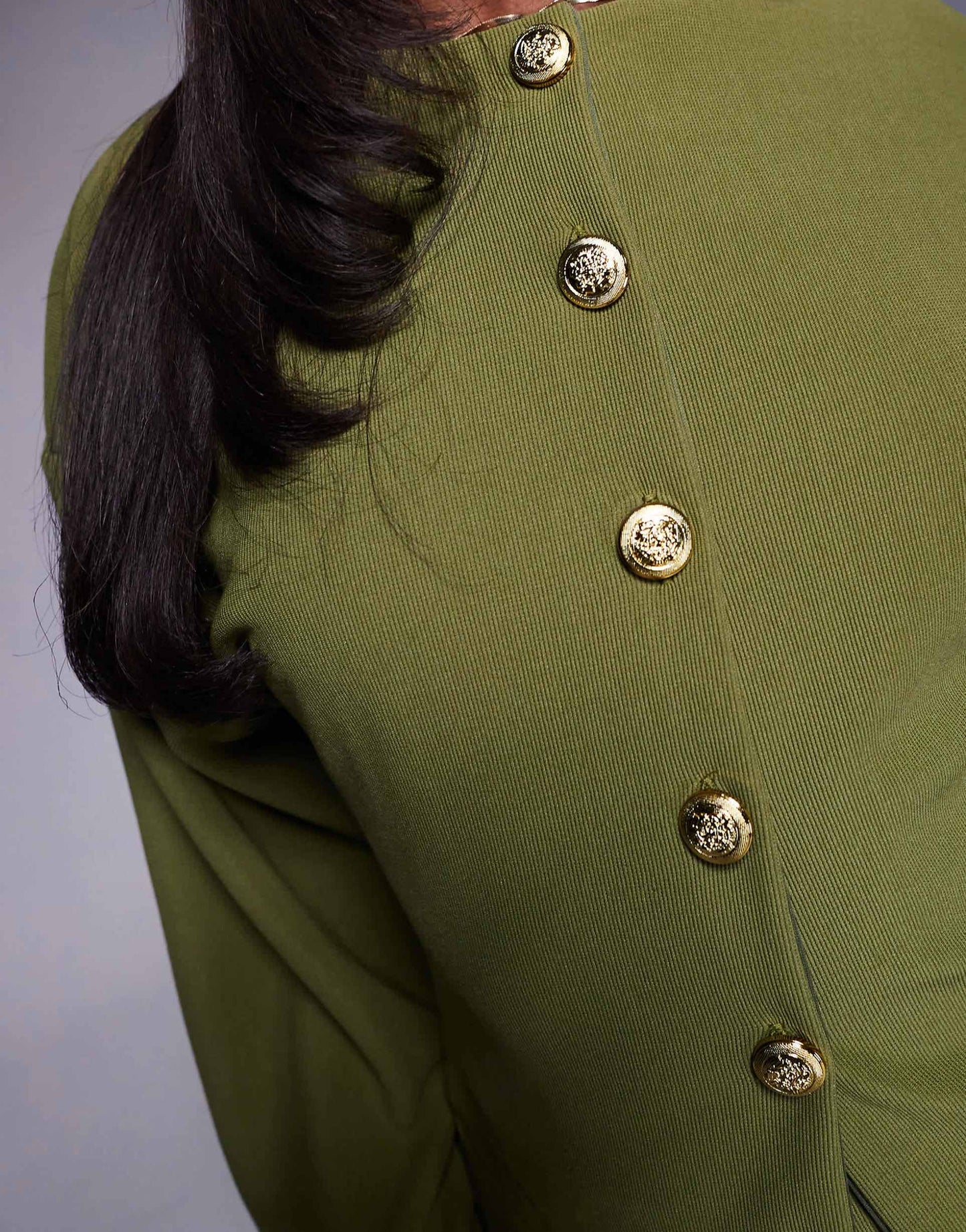 Ribbed Balloon Sleeve Structured Top With Gold Buttons