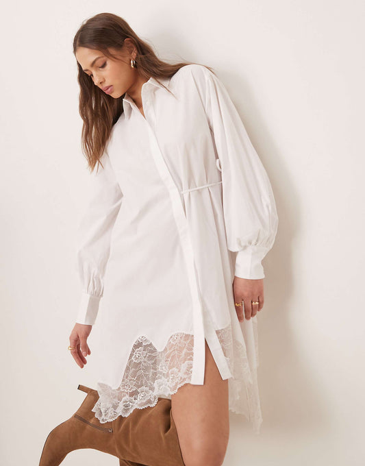 Shirt Dress With Side Tie And Lace Asymmetric Hem