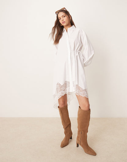 Shirt Dress With Side Tie And Lace Asymmetric Hem