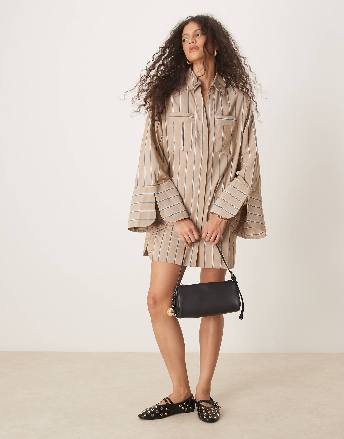 Mini Shirt Dress With Wide Cuffs And Oversized Pockets