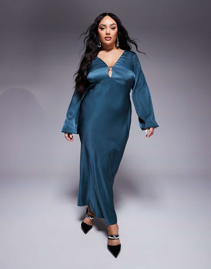 Curve V Neck Satin Blouson Sleeve Midaxi Dress