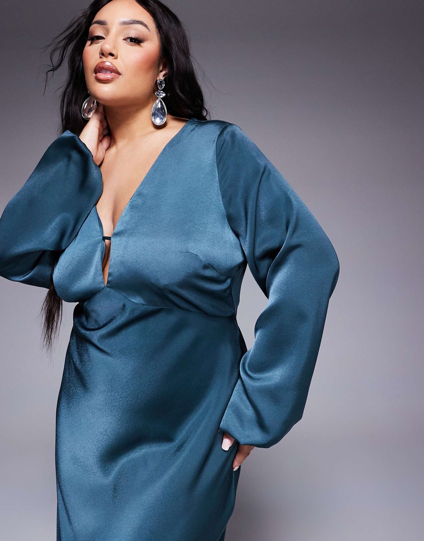 Curve V Neck Satin Blouson Sleeve Midaxi Dress