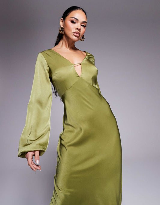 V Neck Satin Blouson Sleeve Maxi Dress