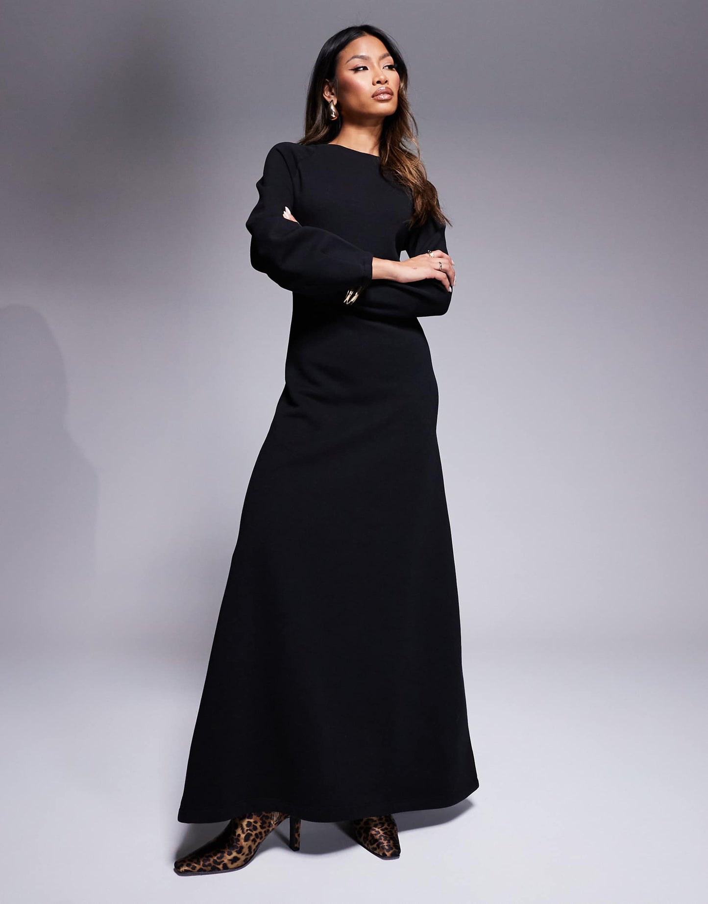 Cocoon Sleeve Sinched Waist Sweat Midi Dress