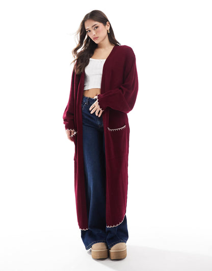 Pink And Burgundy Contrast Blanket Stitch Maxi Cardigan