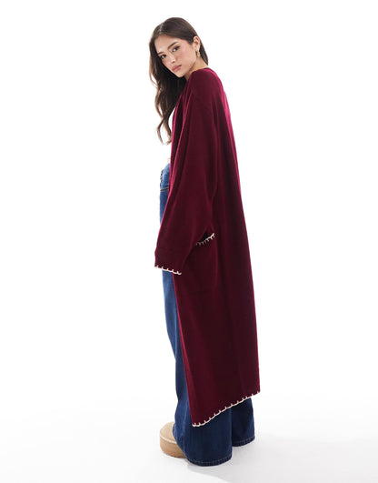 Pink And Burgundy Contrast Blanket Stitch Maxi Cardigan