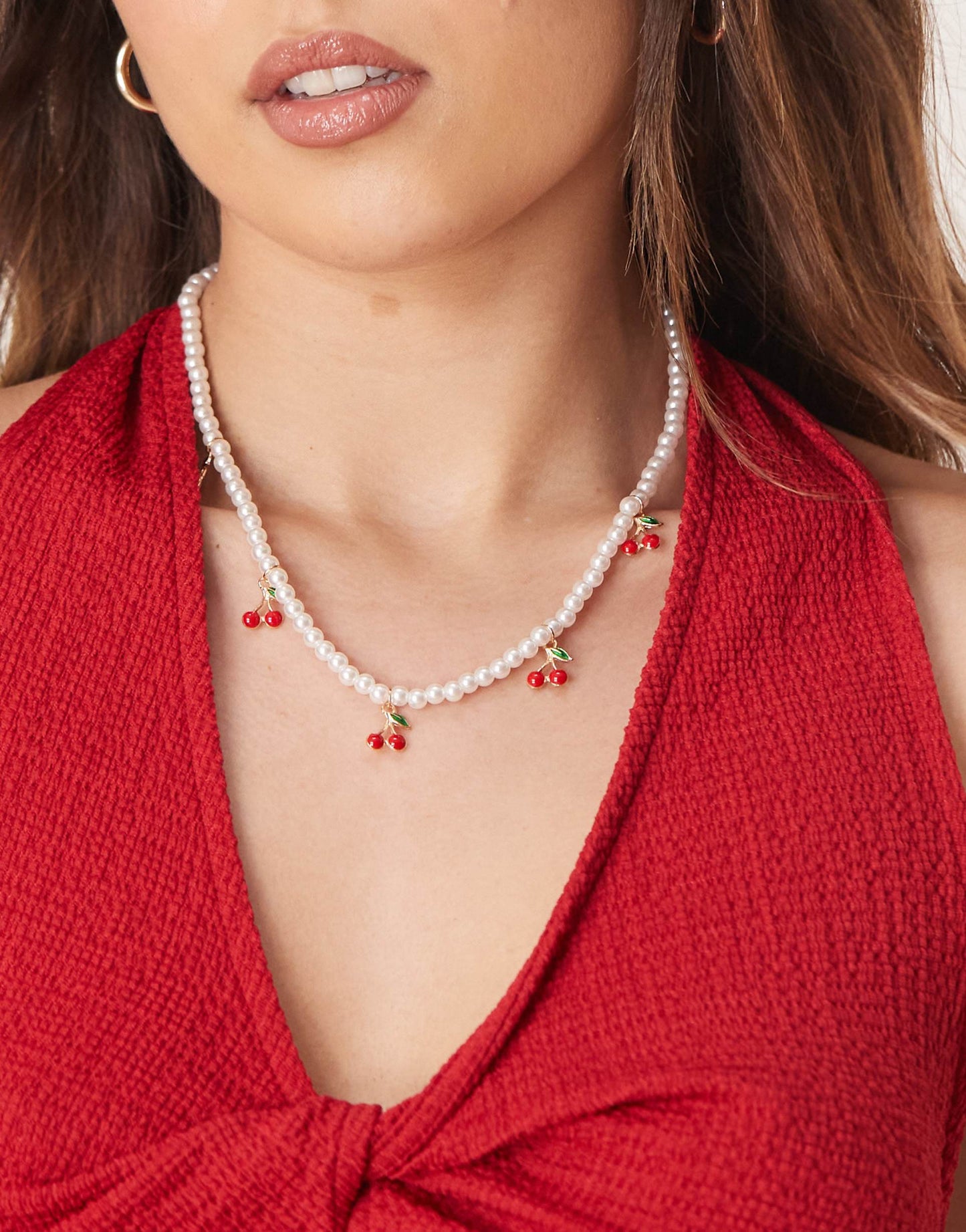 Pearl Necklace With Cherry Charms